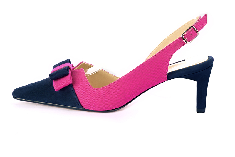 Navy blue and fuschia pink women's open back shoes, with a knot. Tapered toe. Medium comma heels. Profile view - Florence KOOIJMAN